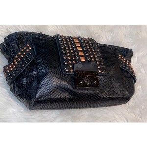 Christian Audigier Black Gold Studded Leather Clutch With Bag 12" wide 7" tall